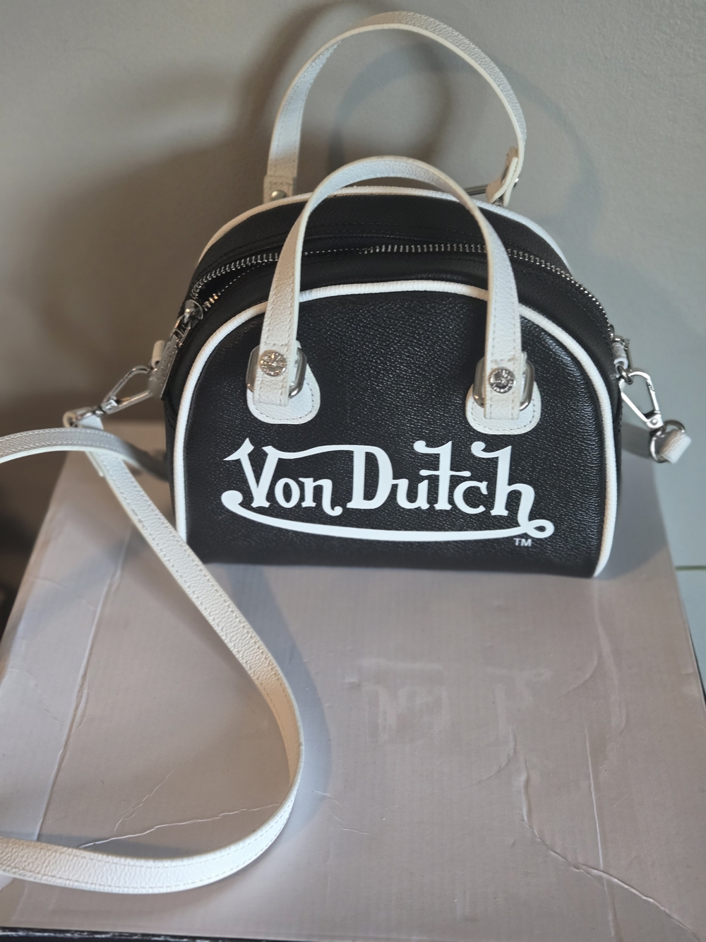 Von Dutch Black & White Mini Bolwling Crossbody Bag NEW